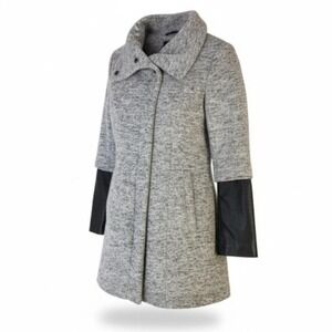 JESSICA Jacket Coat Gray Marled Mock Neck Faux Leather Sleeve Modern Chic M